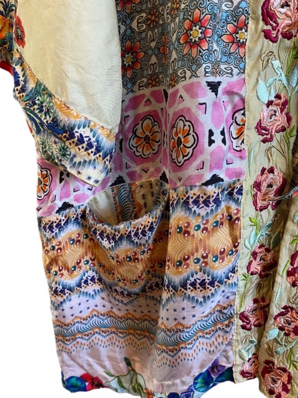 Johnny Was Cream and Pink Floral Embroidered Silk Kimono - Picture 3 of 5